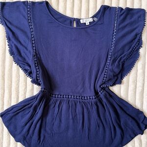 On The Road Navy Blue Flutter Sleeve Blouse